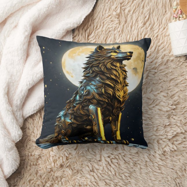 Majestic Metallischer Wolf unter Vollmondlicht Kissen (Decke)