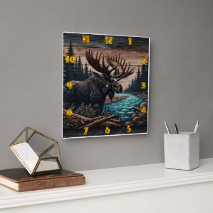 Majestic Moose by Serene Forest River Quadratische Wanduhr