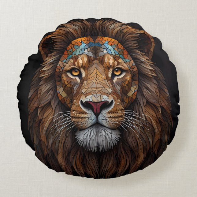 Majestic Mosaik Lion Head Rundes Kissen (Vorderseite)