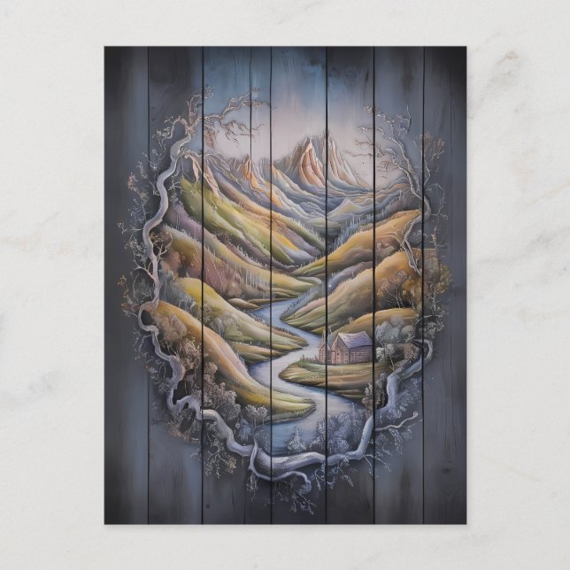 Majestic Mountain Mural auf der Holzwand Postkarte (Vorderseite)