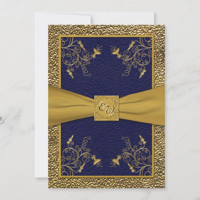 Majestic Navy and Gold Monogram Wedding Einladung (Vorderseite)