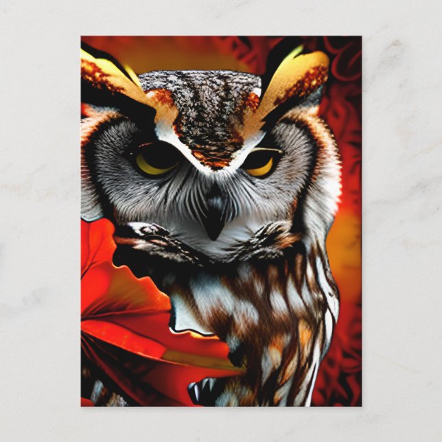 Majestic Owl mit rotem Leaf Kunst Postkarte (Vorderseite)