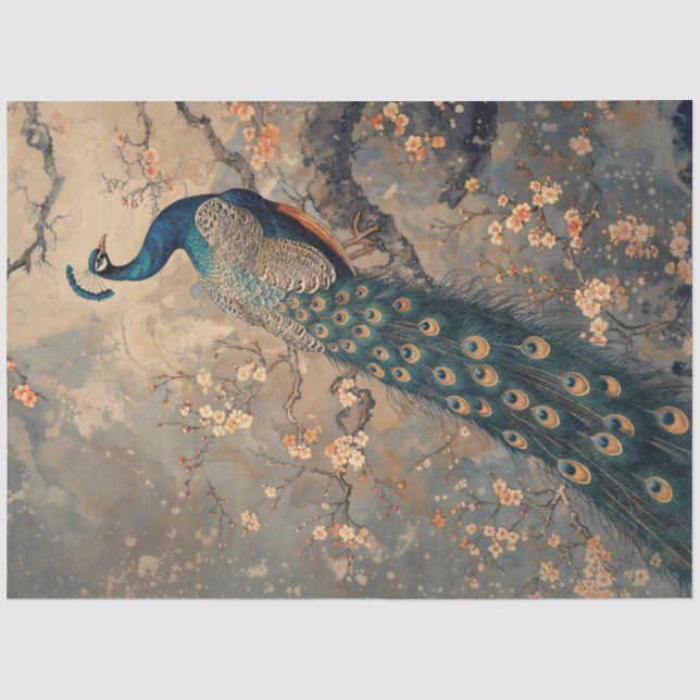 Majestic Peacock Amid Cheroms Blüten Seidenpapier (Vorderseite)