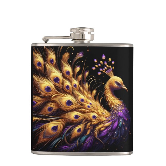Majestic Peacock mit Lila und goldenem Feeling Flachmann (Vorderseite)
