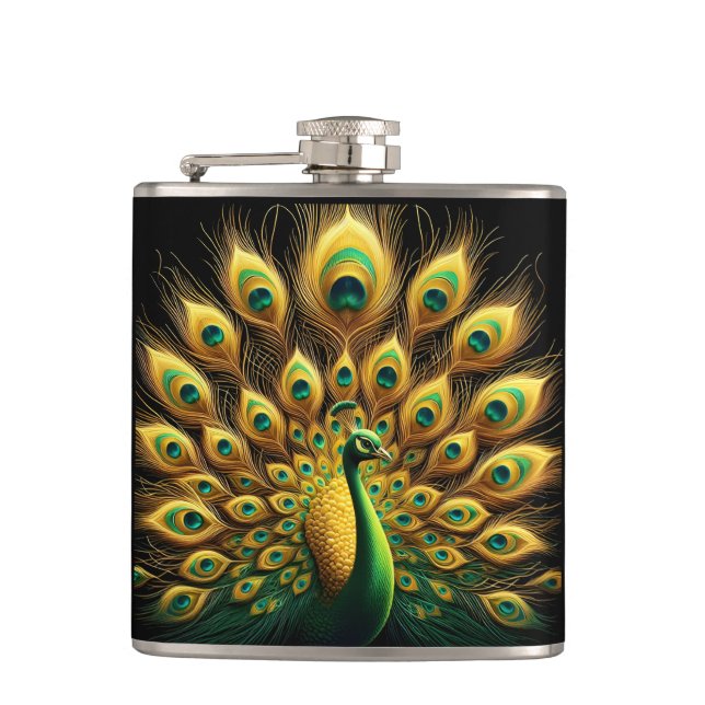Majestic Peacock zeigen Grün und Gold Flachmann (Vorderseite)