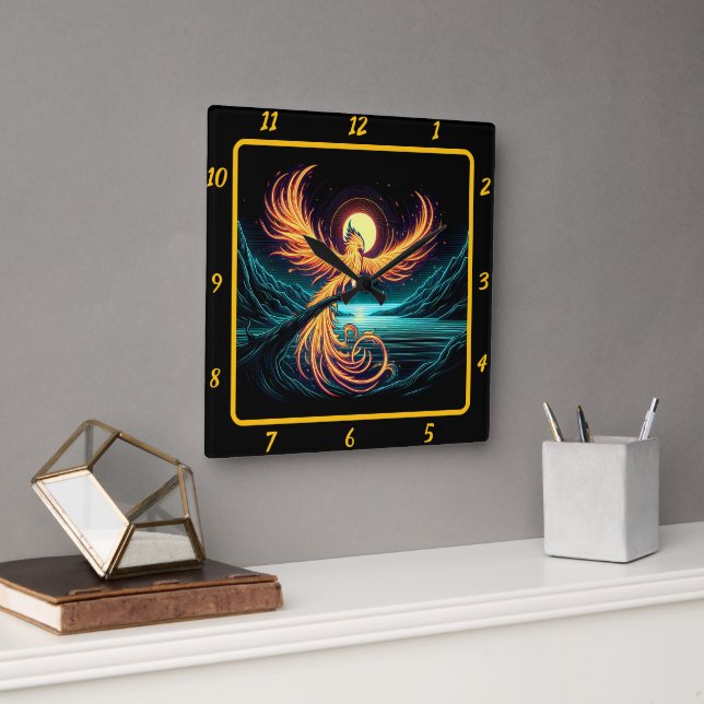 Majestic Phoenix über Mondlicht Quadratische Wanduhr (Büro)