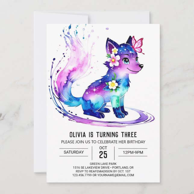 Majestic Pink Wolf Digital Girl Geburtstag Einladung (Vorderseite)