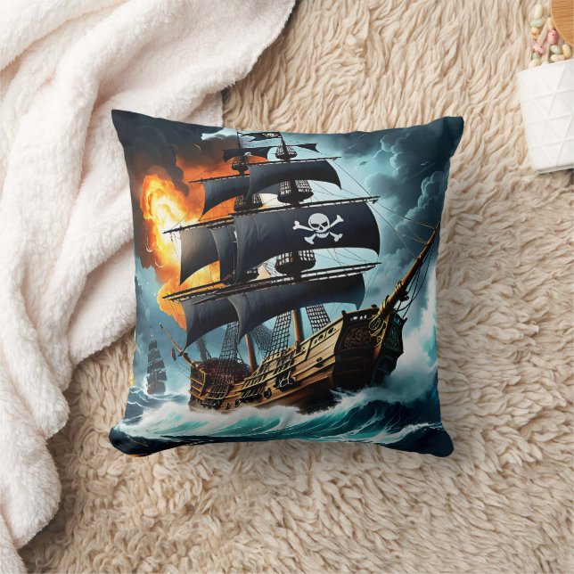 Majestic Pirate Ship Battling Stormy Seas at Dawn Kissen (Decke)