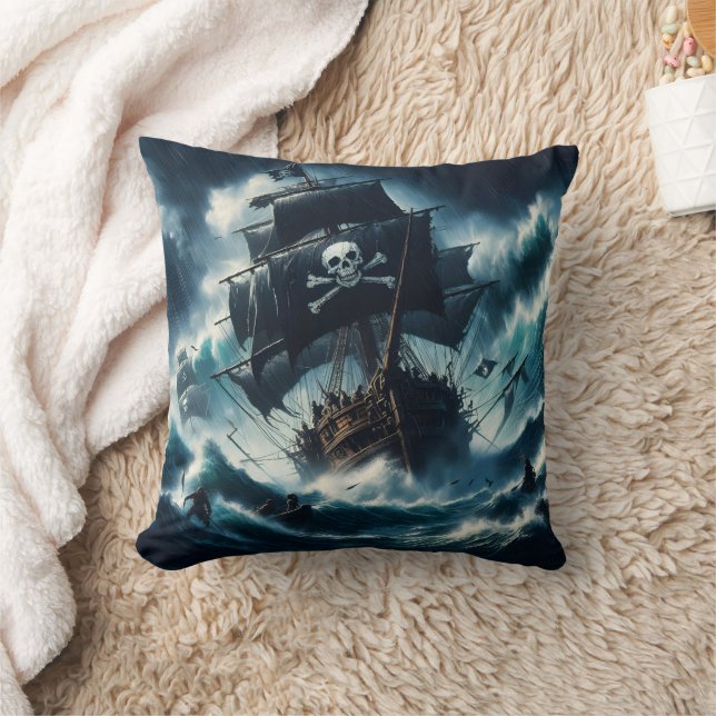 Majestic Pirate Ship Battling Stormy Seas Kissen (Decke)