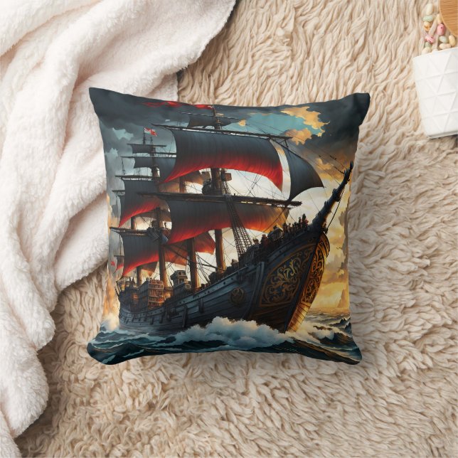 Majestic Pirate Ship während des Sonnenuntergangs Kissen (Decke)