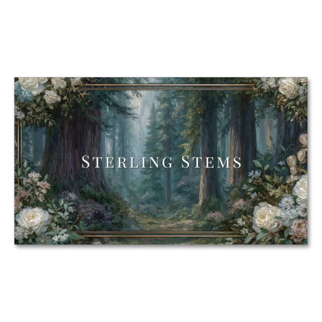 Majestic Redwood Forest Floral Frame Magnetische Visitenkarte (Vorderseite)