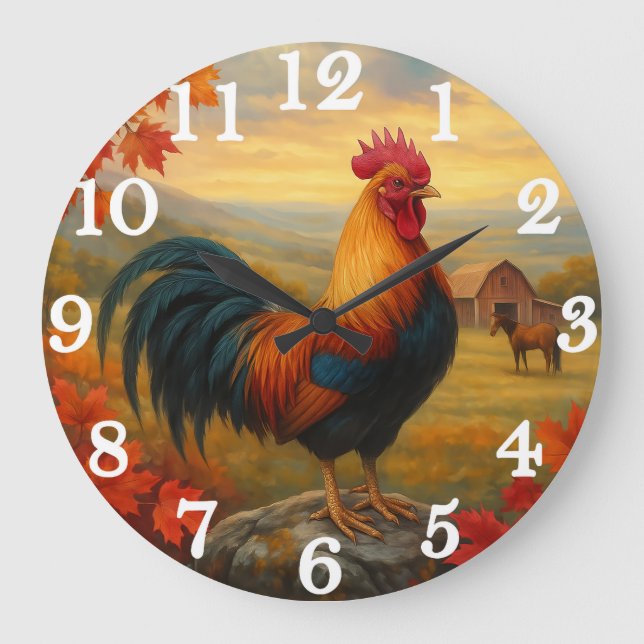 Majestic rooster in rustic countryside große wanduhr (Vorderseite)