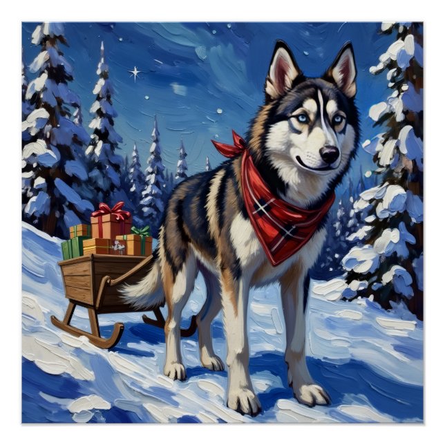 Majestic Siberian Husky Pulling Christmas Sled Poster (Vorderseite)