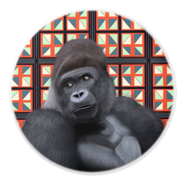 Majestic Sitting Gorilla auf roter Geometrie Keramikknauf (Vorderseite)