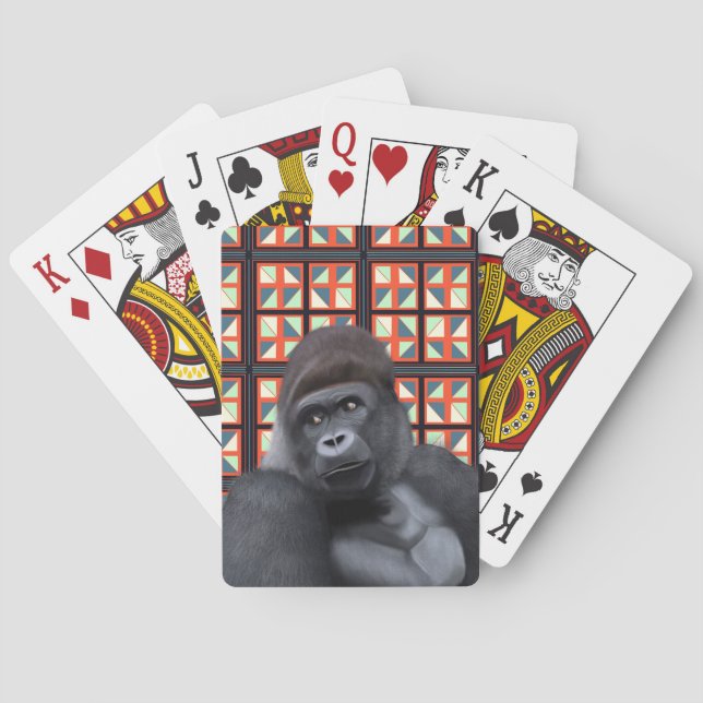 Majestic Sitting Gorilla auf roter Geometrie Spielkarten (Rückseite)