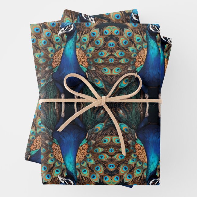 Majestic Splendor: Das Pfauenwackelpapier Boho Geschenkpapier Set (Beispiel)