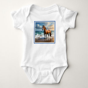 **"Majestic Stride: Proud Brown Horse on Beach Baby Strampler