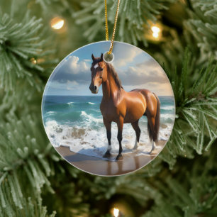 **"Majestic Stride: Proud Brown Horse on Beach Keramik Ornament