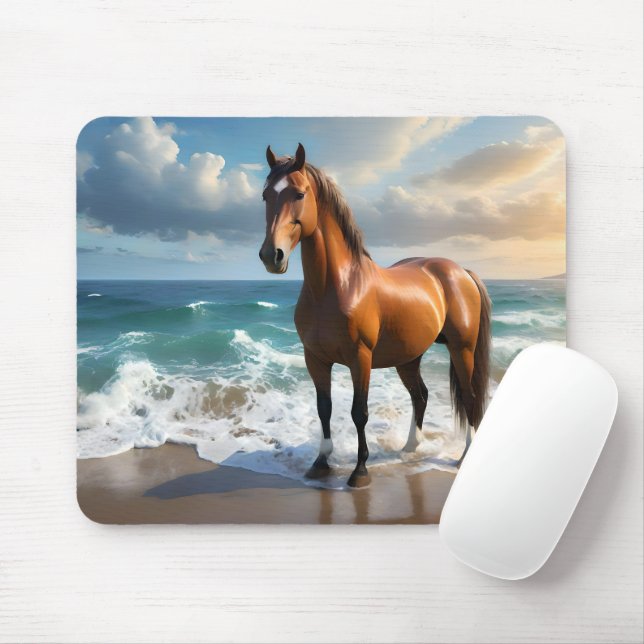 **"Majestic Stride: Proud Brown Horse on Beach Mousepad (Mit Mouse)