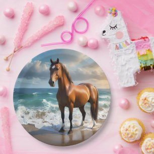 **"Majestic Stride: Proud Brown Horse on Beach Pappteller