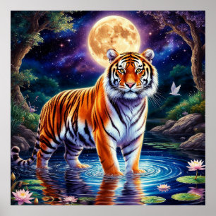 Majestic Tiger in einer Moonlit Fantasy Landschaft Poster