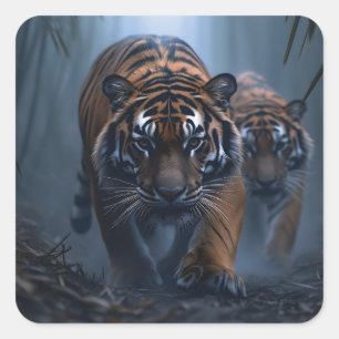 Majestic Tigers in einem foggischen Dschungel Quadratischer Aufkleber
