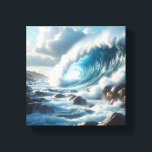 Majestic Turquoise Ocean Wave Crashing Against  Leinwanddruck<br><div class="desc">A breathtaking and powerful digital landscape featuring a massive turquoise wave breaking against a rugged, rocky shoreline. The intense spray of the sea foam and the dramatic lighting under a cloudy sky evoke a sense of raw natural beauty and cinematic drama. Ideal for large-scale wall art, modern coastal-themed interiors, or...</div>