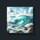 Majestic Turquoise Ocean Wave Crashing on Sunlit  Leinwanddruck<br><div class="desc">A vibrant and refreshing digital landscape featuring a powerful turquoise wave curling beautifully before crashing against smooth, sun-drenched coastal rocks. The bright blue sky and fluffy white clouds create a perfect summer atmosphere filled with energy and natural beauty. Ideal for beach house decor, modern living rooms, or as a rejuvenating...</div>