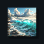 Majestic Turquoise Ocean Waves Crashing Against  Leinwanddruck<br><div class="desc">A stunning and powerful digital artwork capturing massive turquoise waves curling and crashing against a rugged, rocky shoreline. The composition features dramatic sunlight filtering through a cloudy sky, highlighting the intense spray and deep blue textures of the ocean. Perfect for large-scale wall art, modern coastal-themed interiors, or as a dynamic...</div>