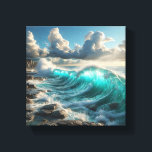 Majestic Turquoise Ocean Waves Crashing Against  Leinwanddruck<br><div class="desc">A stunning and powerful digital artwork capturing massive turquoise waves curling and crashing against a rugged, rocky shoreline. The composition features dramatic sunlight filtering through a cloudy sky, highlighting the intense spray and deep blue textures of the ocean. Perfect for large-scale wall art, modern coastal-themed interiors, or as a dynamic...</div>