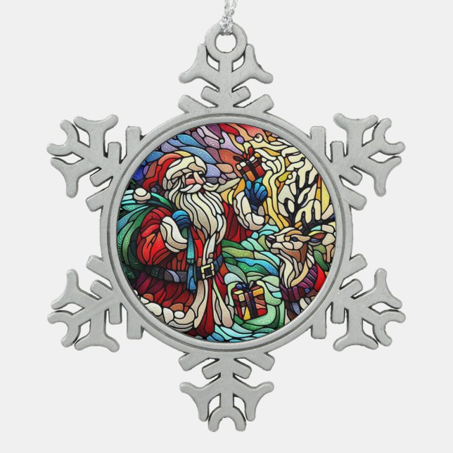 Majestic verkettet Glass Santa und Rentier Schneeflocken Zinn-Ornament (Vorderseite)