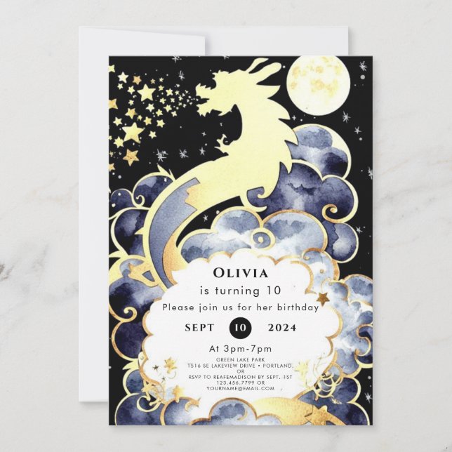 Majestic Watercolor Dragon Birthday Einladung (Vorderseite)