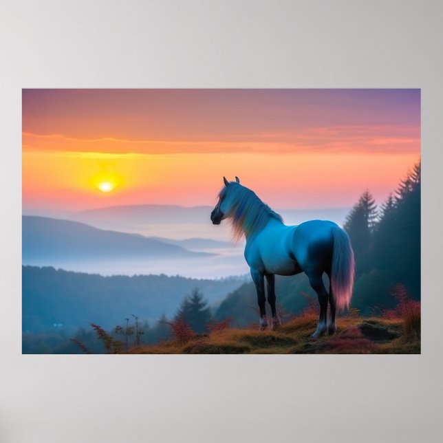 Majestic Weißes Pferd im Berg bei Sonnenaufgang 2 Poster (Vorne)