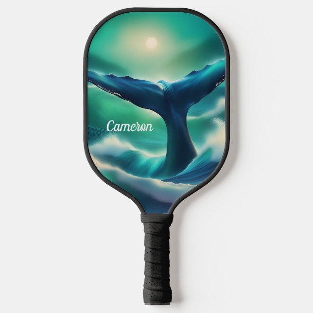 Majestic Whale Schwanz Blau und Weiß Pickleball Schläger (Vorderseite)