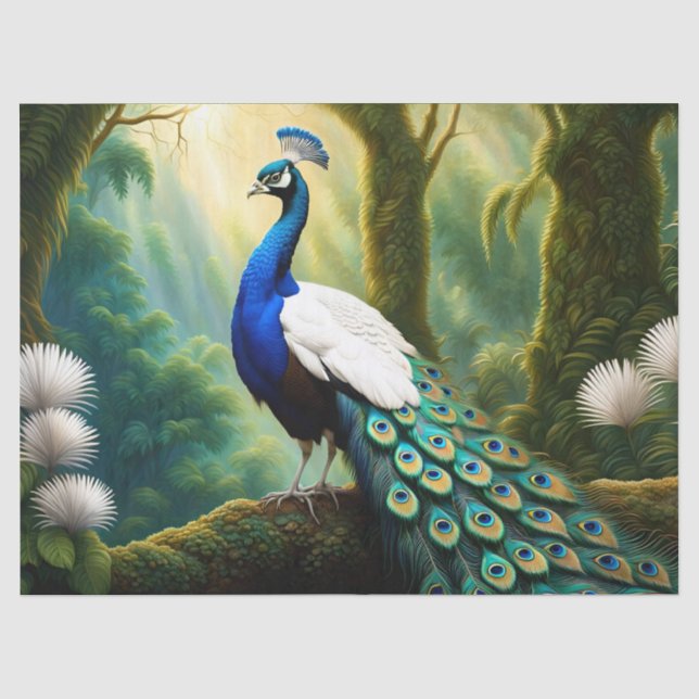 Majestic White and Blue Peacock in Forest Seidenpapier (Vorderseite)