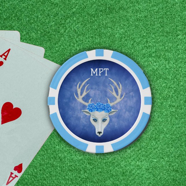 Majestic White Deer Head Antlers Rose Blue Pokerchips (Majestic head of white deer antlers crown of blue roses on misty blue poker chips.)