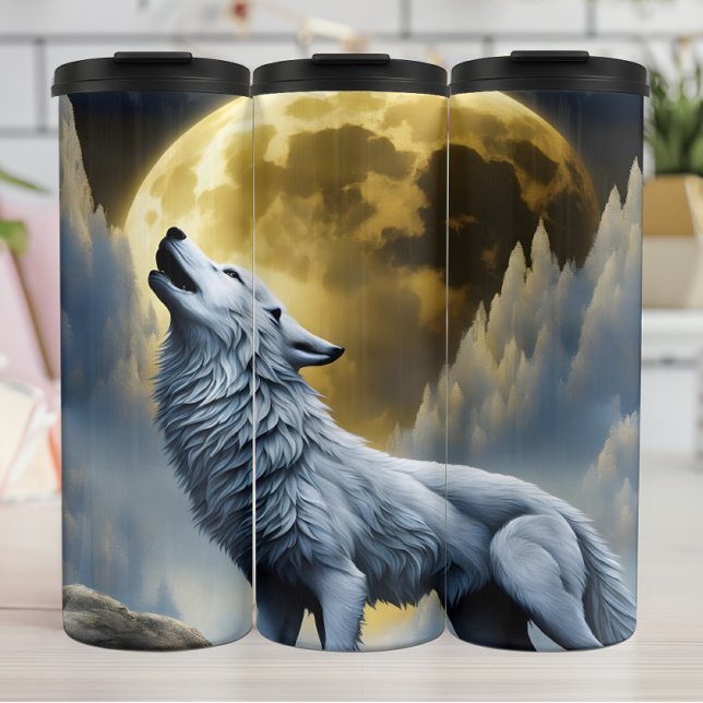 Majestic White Wolf Howls unter Vollmond Thermosbecher (Von Creator hochgeladen)
