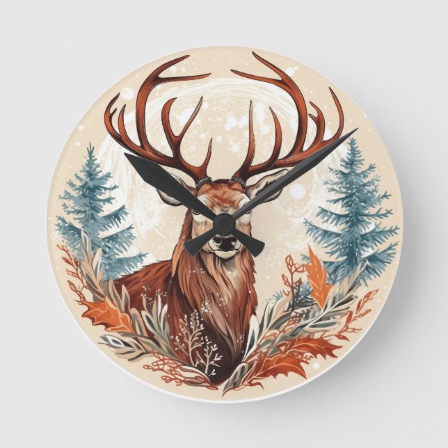 Majestic Winter Stag Runde Wanduhr (Vorderseite)