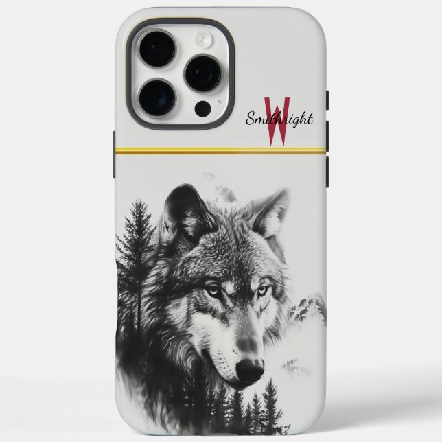 Majestic Wolf blickt über eine üppige Waldlandscha iPhone 16 Pro Max Hülle (Rückseite)