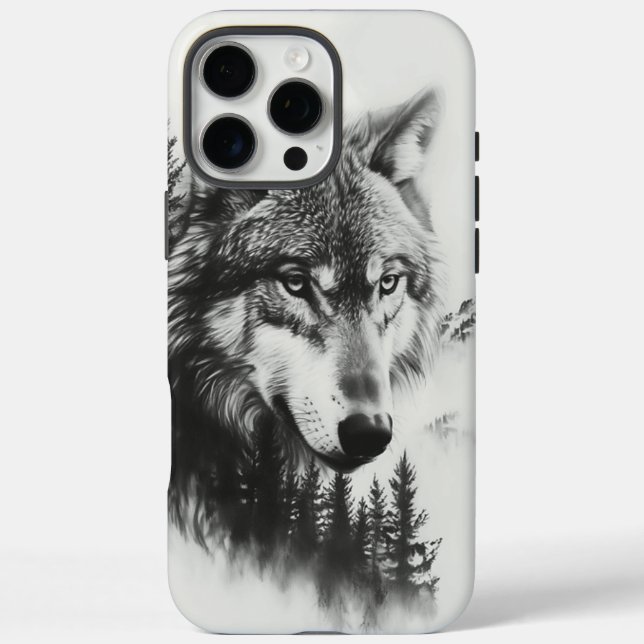 Majestic Wolf blickt über eine üppige Waldlandscha iPhone 16 Pro Max Hülle (Rückseite)