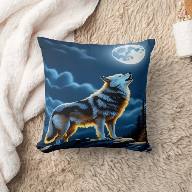 Majestic Wolf heult am Mondlicht. Kissen (Decke)