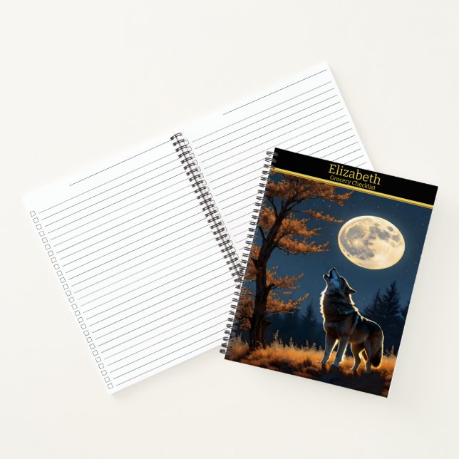 Majestic Wolf heult auf Vollmond unter Sternen Notizbuch (Innenseite)