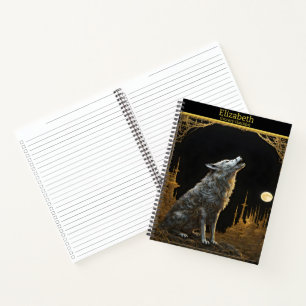 Majestic Wolf heult unter einem strahlenden Vollmo Notizbuch