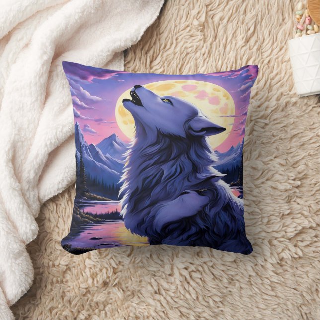 Majestic Wolf heult unter Vollmond Kissen (Decke)