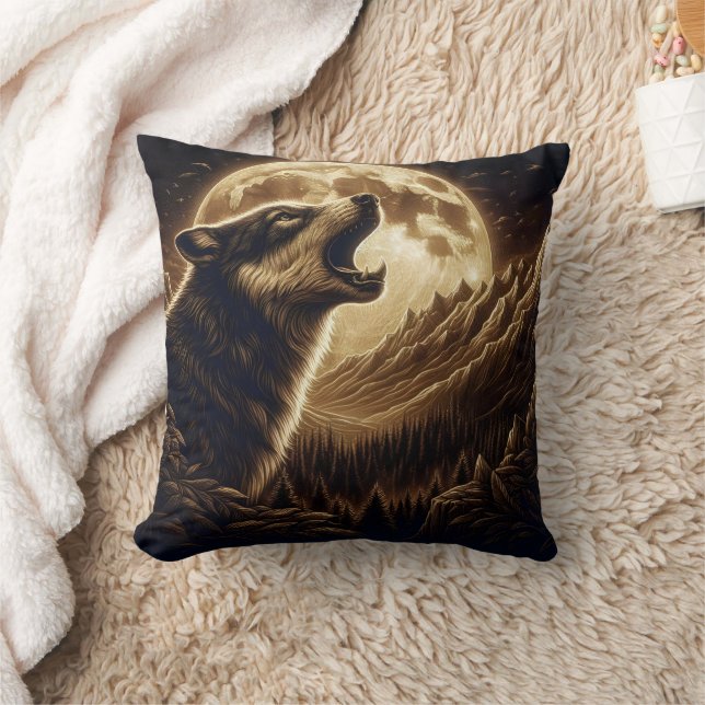 Majestic Wolf Howling unter Vollmondglühen Kissen (Decke)