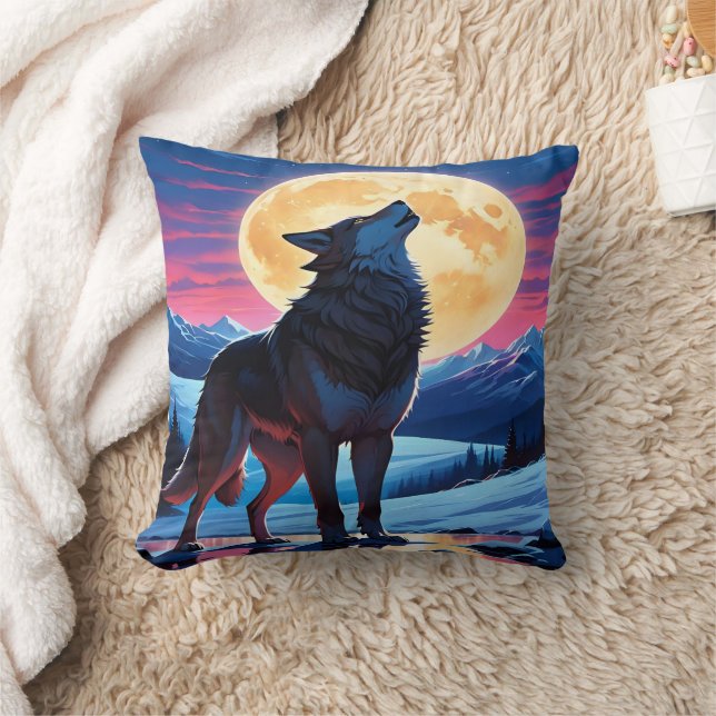 Majestic Wolf Howling unter Vollmondlicht-Himmel Kissen (Decke)