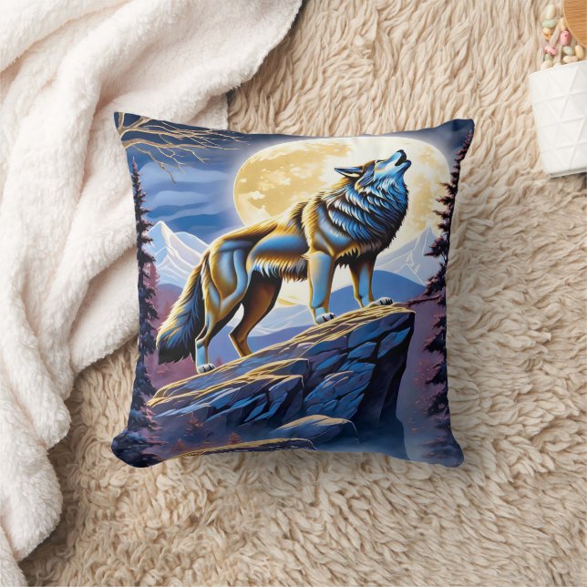 Majestic Wolf Howling unter Vollmondlicht Kissen (Decke)