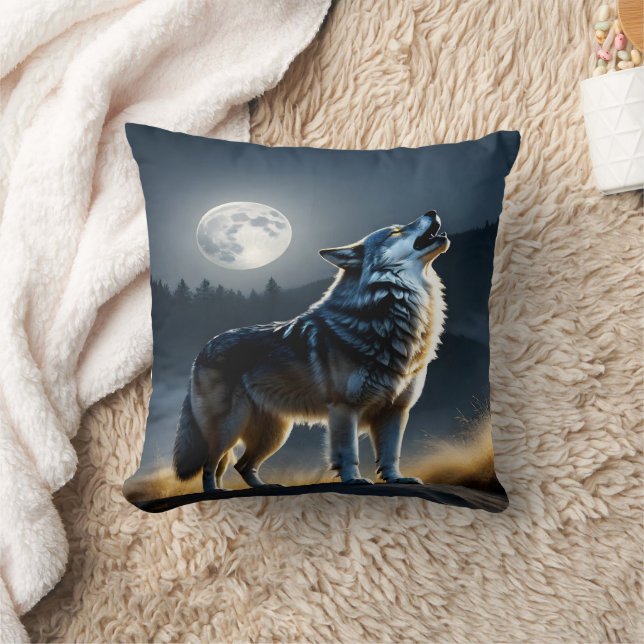 Majestic Wolf Howling unter Vollmondlicht Kissen (Decke)