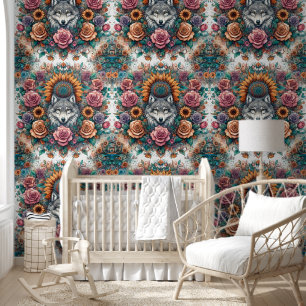 Majestic Wolf mit Rose & Sonnenblumen Tapete