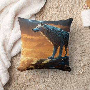 Majestic Wolf on Rocky Cliff in Dusk Kissen